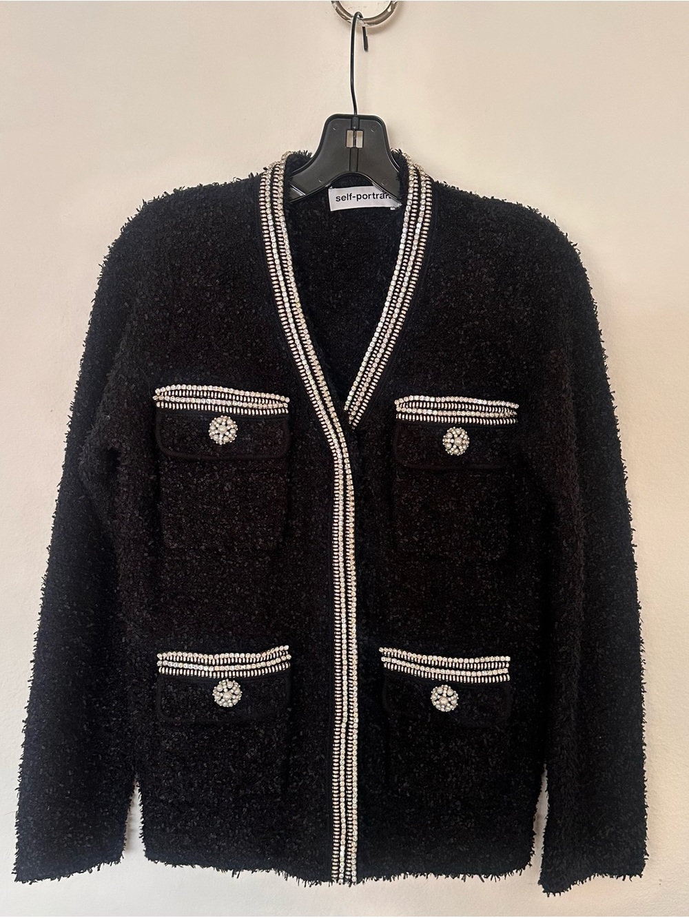 Self-Portrait Black Bouclé Jacket with Crystal-Trim Pockets
